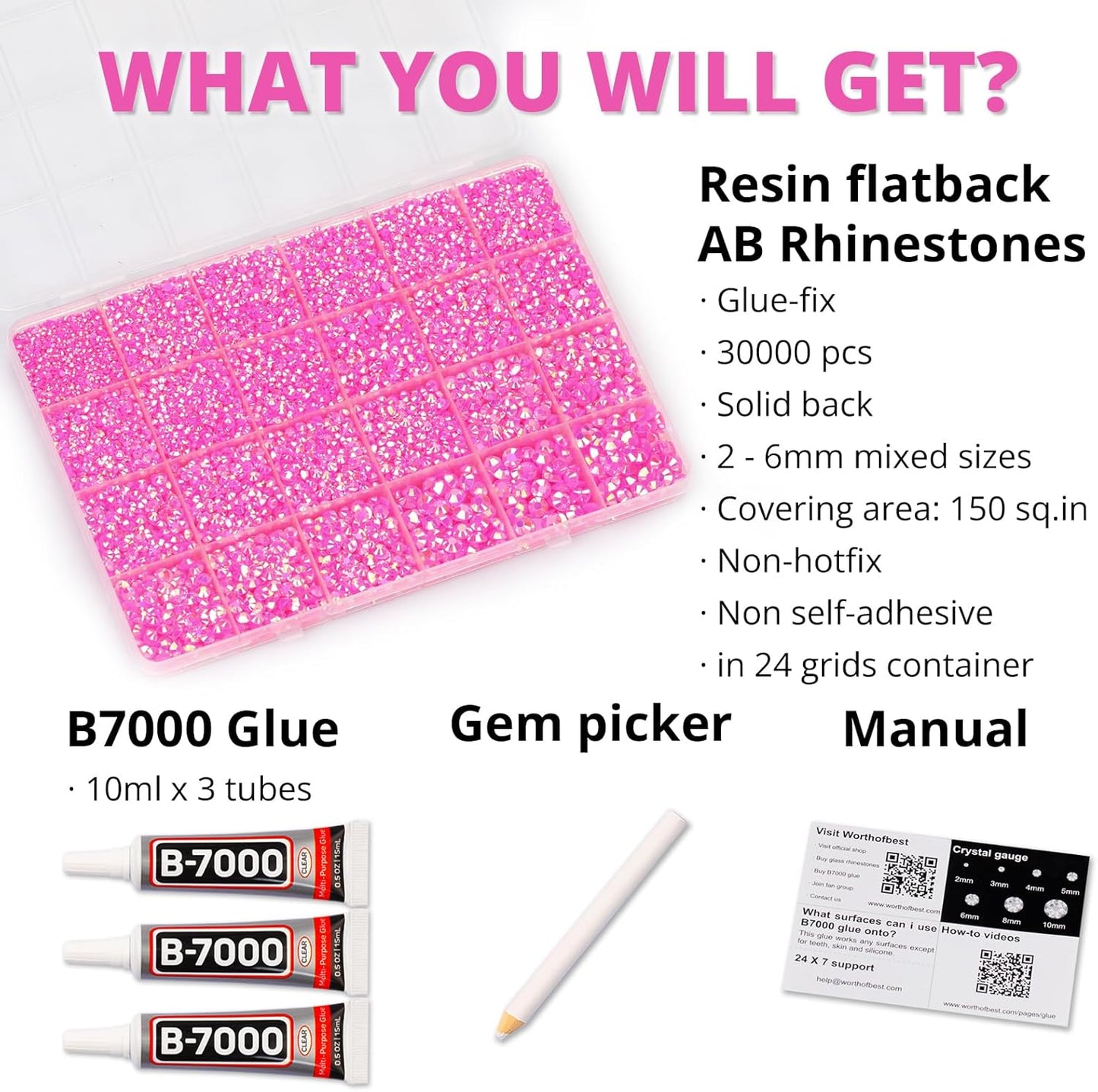 30000Pcs Resin Jelly Rhinestones Set for Crafting Bedazzling, Hot Pink AB Flatback Gems Jewels for Crafts Clothes Shoes Fabric Outfit Makeup, Flat Back Crystal 2-6mm with b 7000 Glue