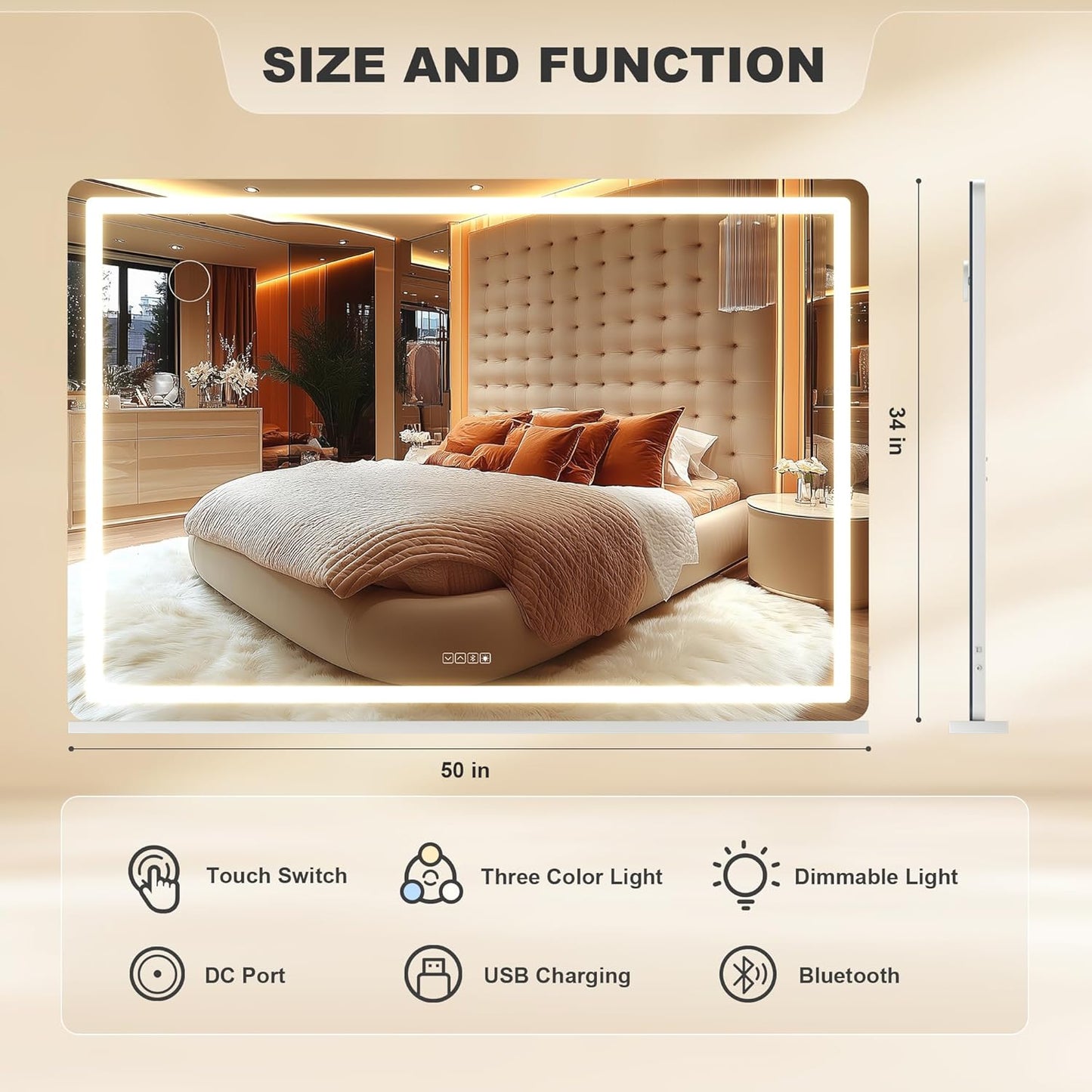 Hasipu Vanity Mirror with Lights and Bluetooth Speaker, 50.2" x 33.9" LED Makeup Mirror, Lighted Makeup Mirror with Dimmable 3 Modes, Touch Screen Control Vanity Mirror Round White