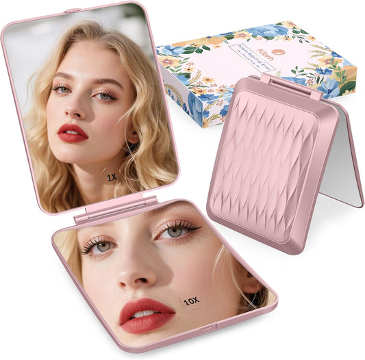 Travel Makeup Mirror with 1X/10X Magnifying, Portable Folding Make Up Tabletop Mirror for Office, Compact Vanity Mirror for Travel (Rose Pink, No LED Lights)