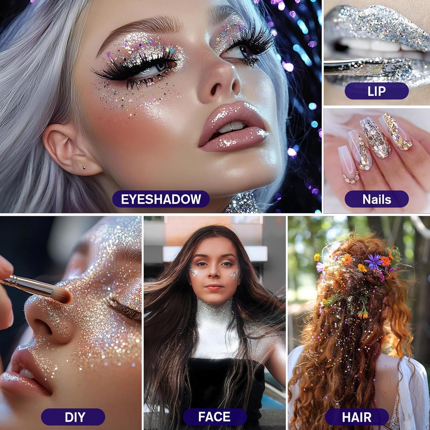 Dmsky Chunky Glitter, 90g/3.18oz Eco Friendly Biodegradable Glitter for Face, Eyeshadow, Body, Hair, Nail, Resin, Craft, DIY Party Decorations, 3 Colors, Silver Holographic, White & Black