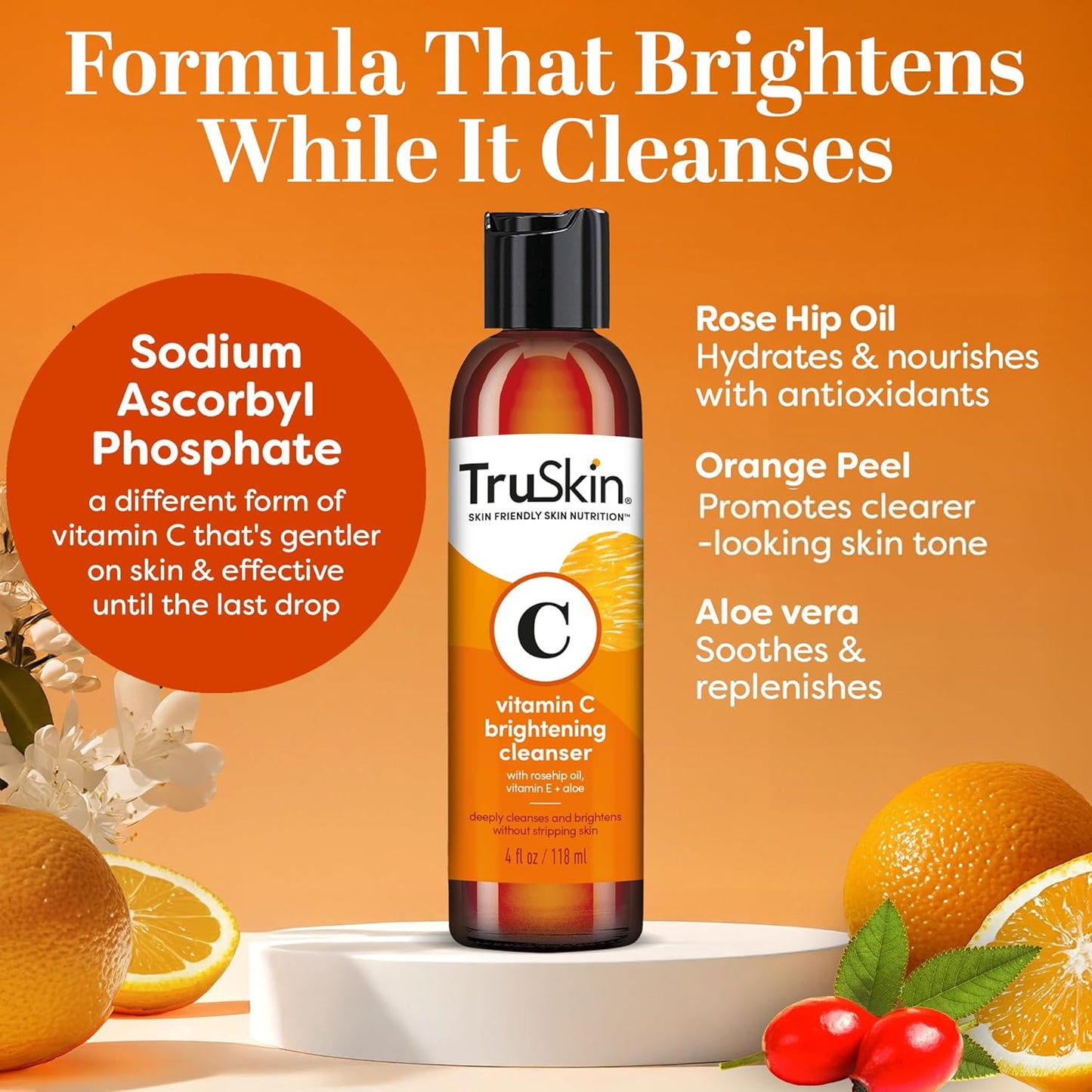 TruSkin Vitamin C Cleanser for Face - Brightening Face Wash with Vitamins C & E, Rosehip Oil, Aloe Vera and MSM - Deep Clean and Refresh for Radiant, Healthy-Looking Skin, 4 fl oz