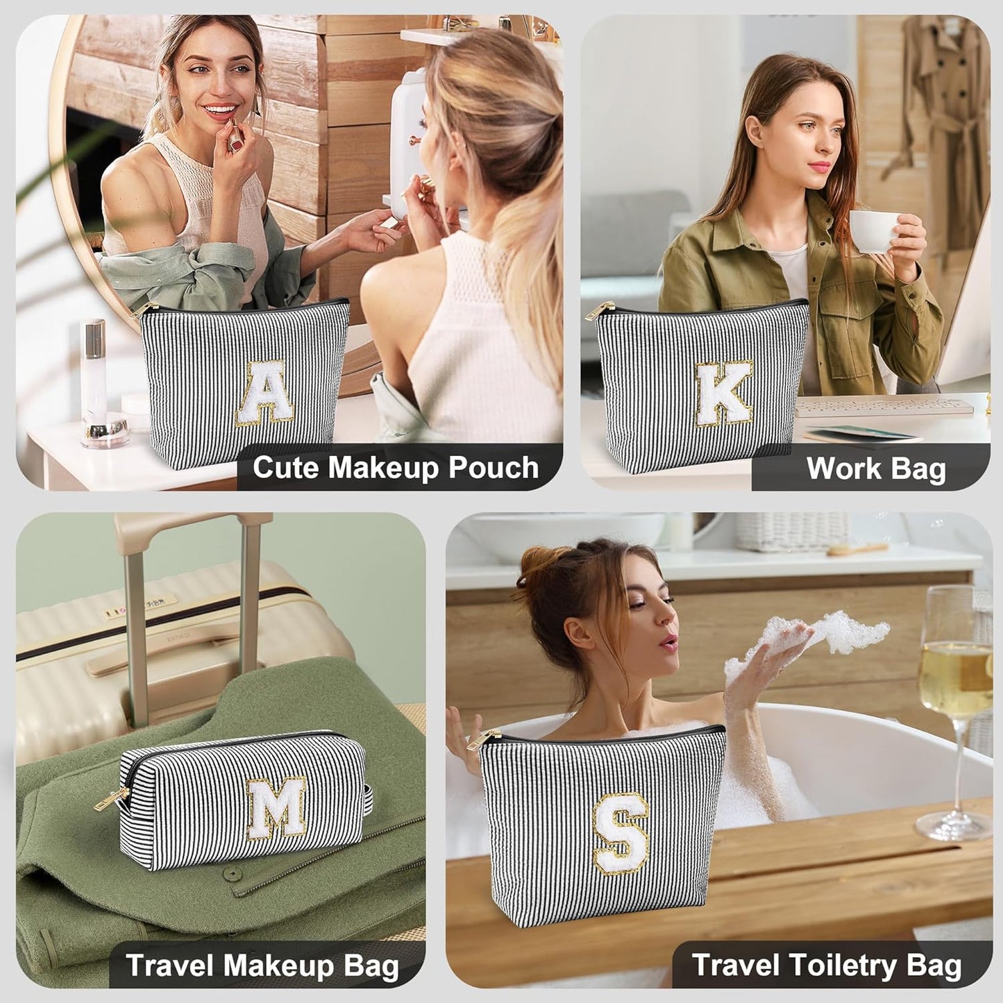 YOOLIFE Initial Makeup Bag - Personalized Monogrammed Travel Toiletry Bag, Perfect for Teens, Weddings, and Preppy Styles - Black