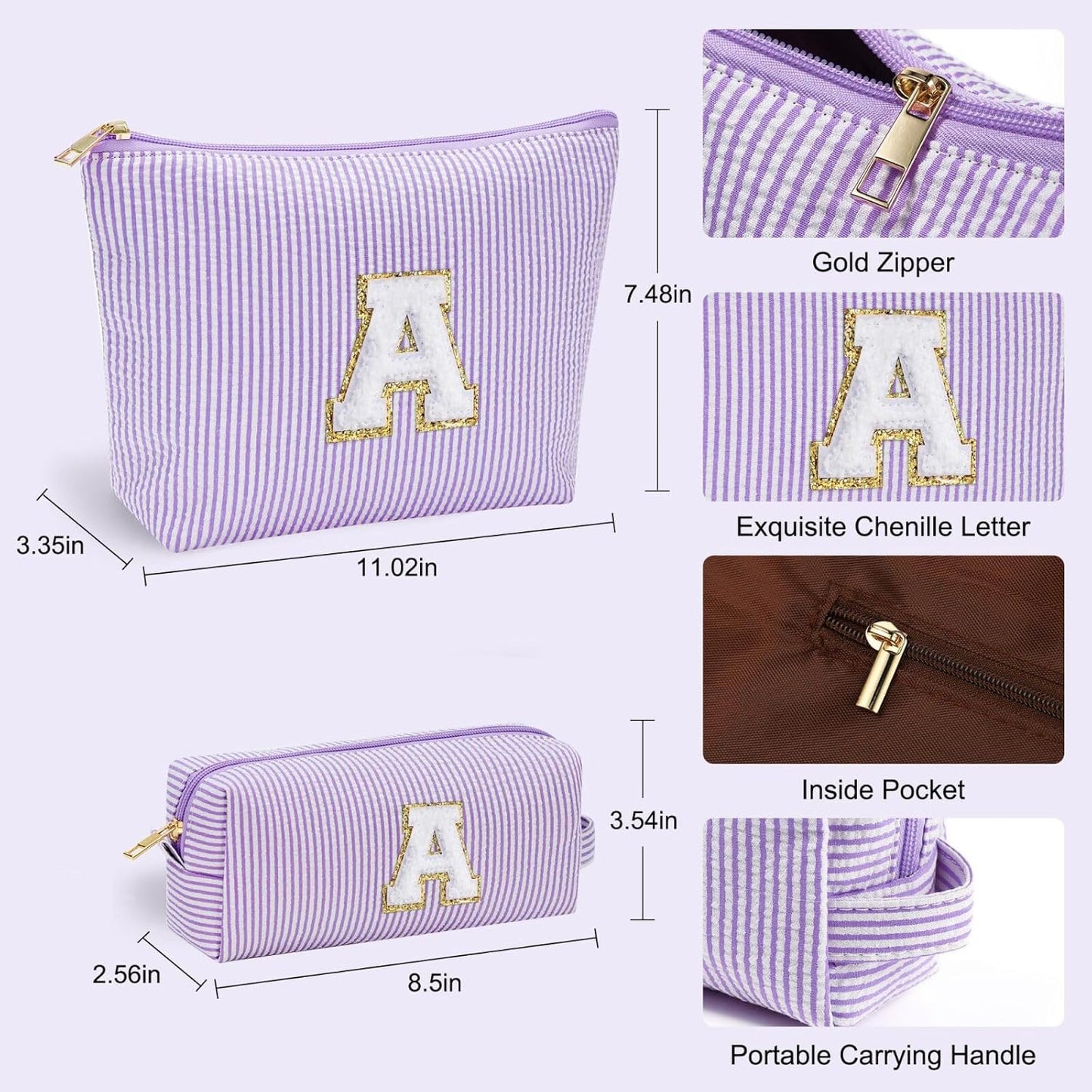 YOOLIFE Personalized Cute Purple Initial Cosmetic Makeup Pouch - Make Up Toiletry Bag for Her Mom Teacher Friend Girlfriend Wife Birthday Gifts