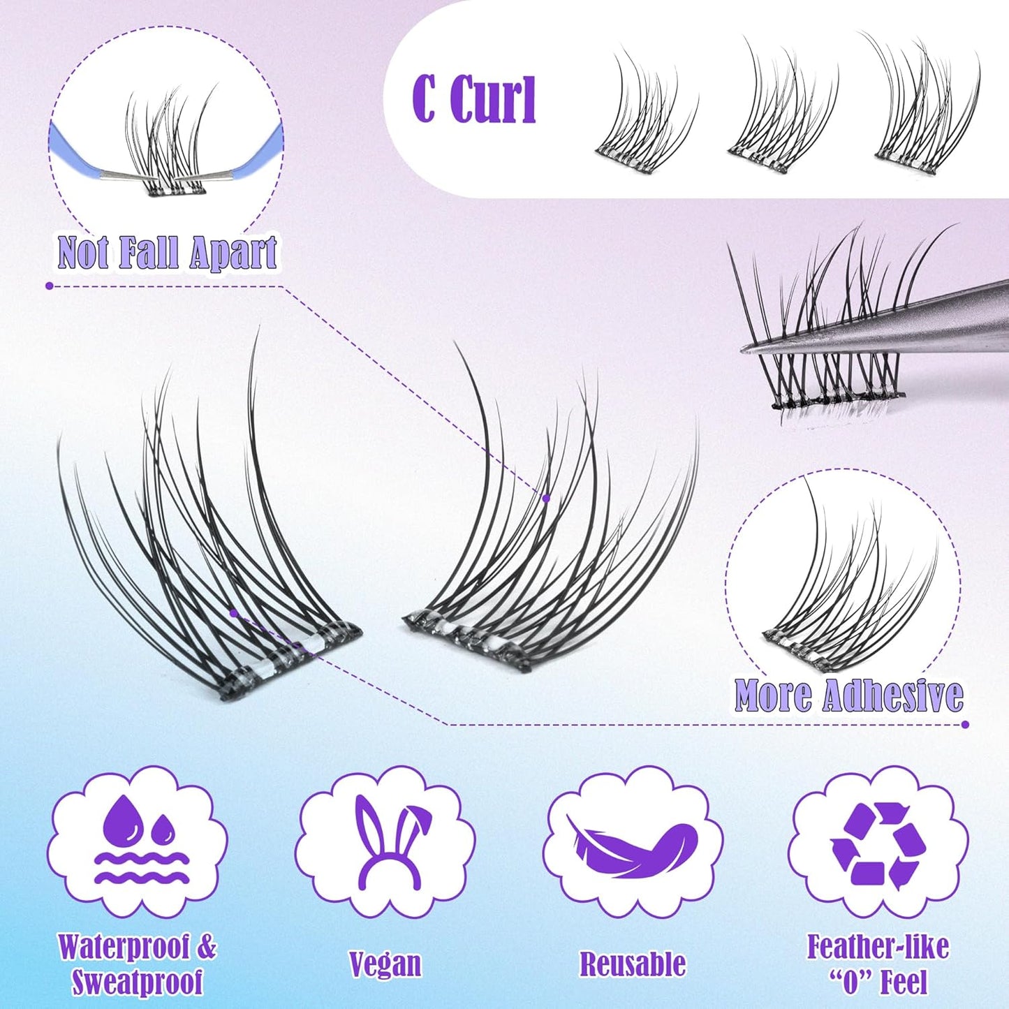 ALICE Self Adhesive Eyelashes Natural Self Adhesive Lash Clusters No Glue Needed Wispy Reusable Press on Lashes Pre-Glue 10-12mm 120pcs DIY Eyelash Extensions