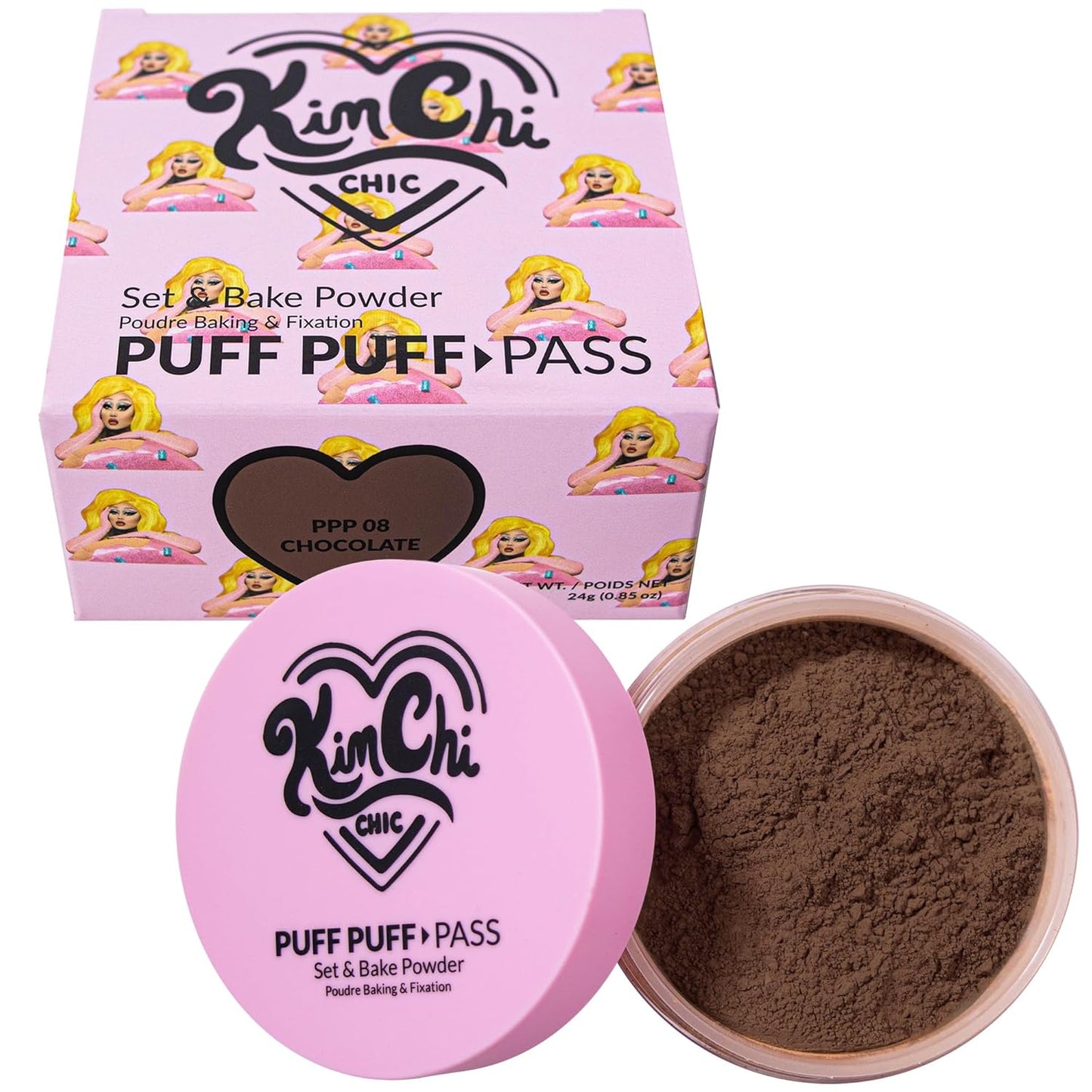 Kimchi Chic Beauty Puff Puff Pass Set and Bake Setting Powder for Makeup, Extra Fluffy Loose Face Powder Poof, Soft Natural Face Makeup for Uneven Skin Tone, 08 Chocolate