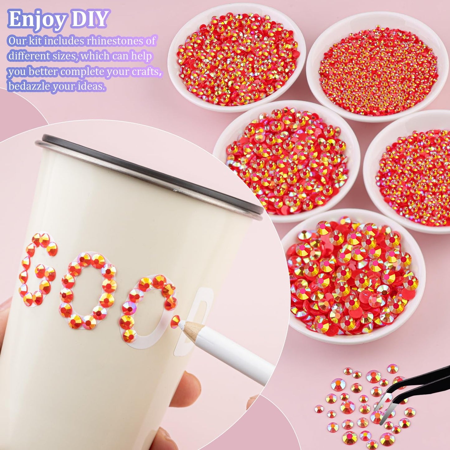 25000Pcs Resin Jelly Rhinestones for Crafting, Red AB 2-6mm Mixed Sizes Non Hotfix Flatback Gems, Bedazzling Crystal for DIY Crafts Clothing Tumblers Mugs Shoes Fabric Nail Art