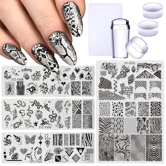 4pcs Snake Leopard Print Nail Stamping Plate Stencil with French Tip Nail Stamper Kit Reusable Salon Nail Set DIY Manicure Supplies Nail Art Tools