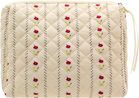 PAZIMIIK Quilted Makeup Bag Large Travel Zipper Soft Cosmetic Pouch for Women Girls Make Up,Little Flower Beige