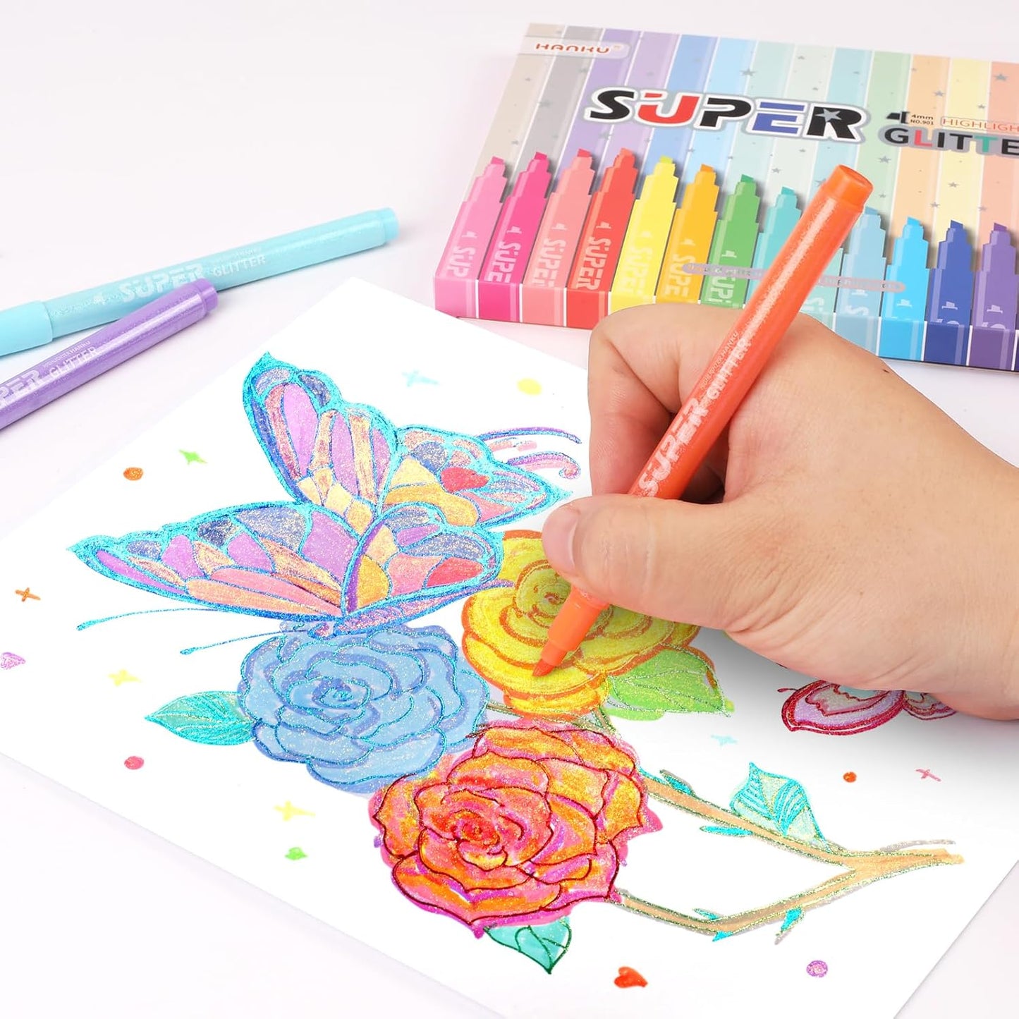 Glitter Highlighter Markers, 16-Count, Chisel Tip Glitter Highlighters Assorted Colors, Tween Teen Girl Gifts Trendy Stuff, Sparkly Marker Pens for Kids Adult Coloring Journaling Art Supplies