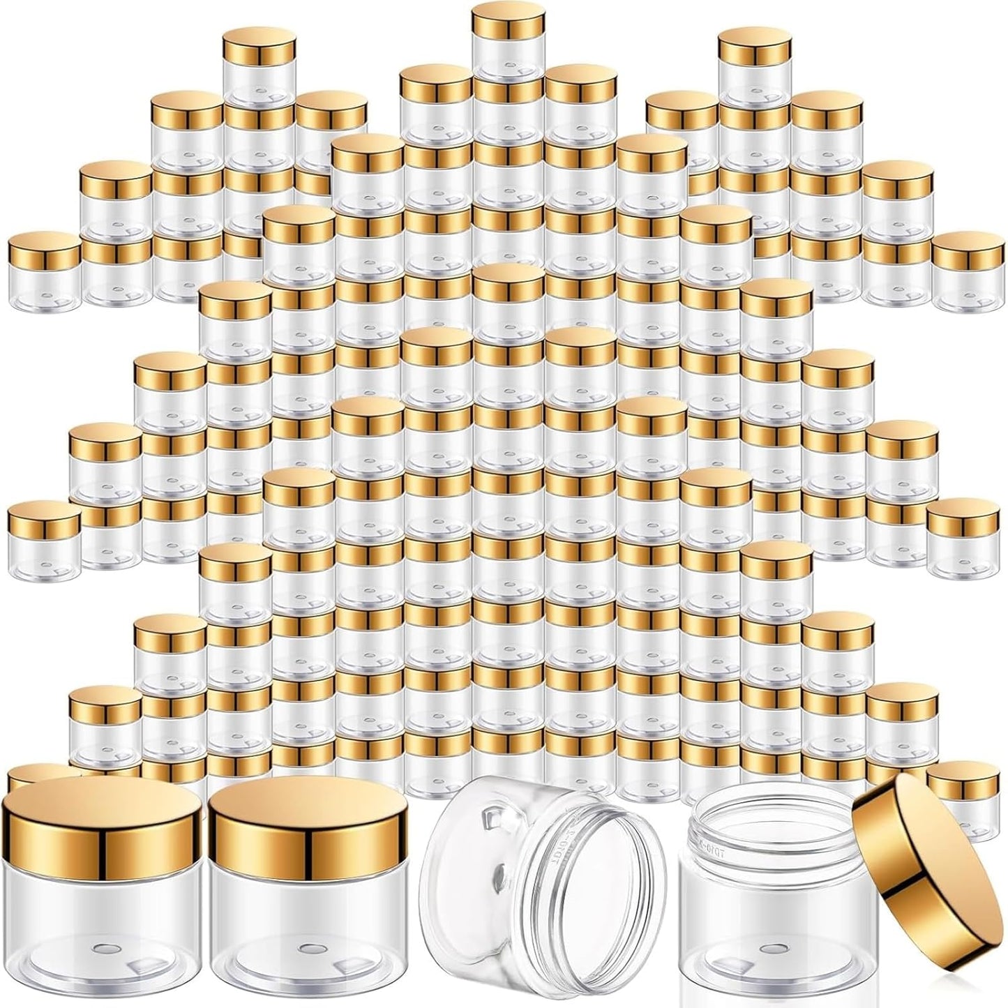 SATINIOR 100 Pcs Plastic Jars with Lids Small Containers Lids Wide Mouth Small Plastic Containers for Lotion Cream Rhinestones Body Butters Travel Storage(6 oz, Gold)
