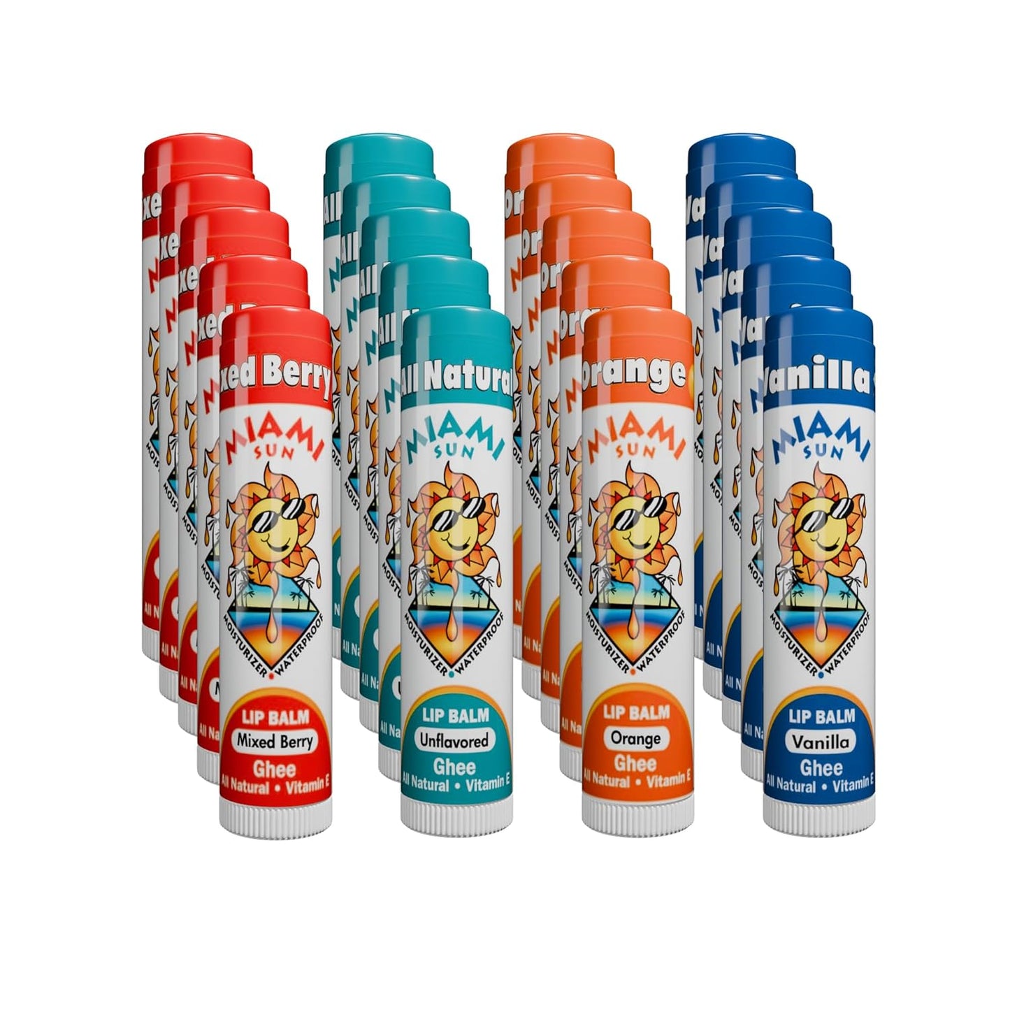 Miami Sun Natural Ghee Lip Balm, Hydrating Lip Treatment with Shea Butter & Beeswax, Organic & Non-Toxic, Best for Dry, Chapped Lips - Moisturizing, Healing, Chemical-Free Lip Care (20 Count, Variety)