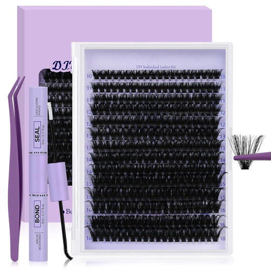 B&Qaugen Lash Extension Kit 280Pcs Volume Individual Lashes Kit Superfine Individual Eyelashes 10-18mm Soft D Curl Eyelash Clusters Kit with Bond and Seal Tweezers for Self Use （Kit-90D-10-18MIX）