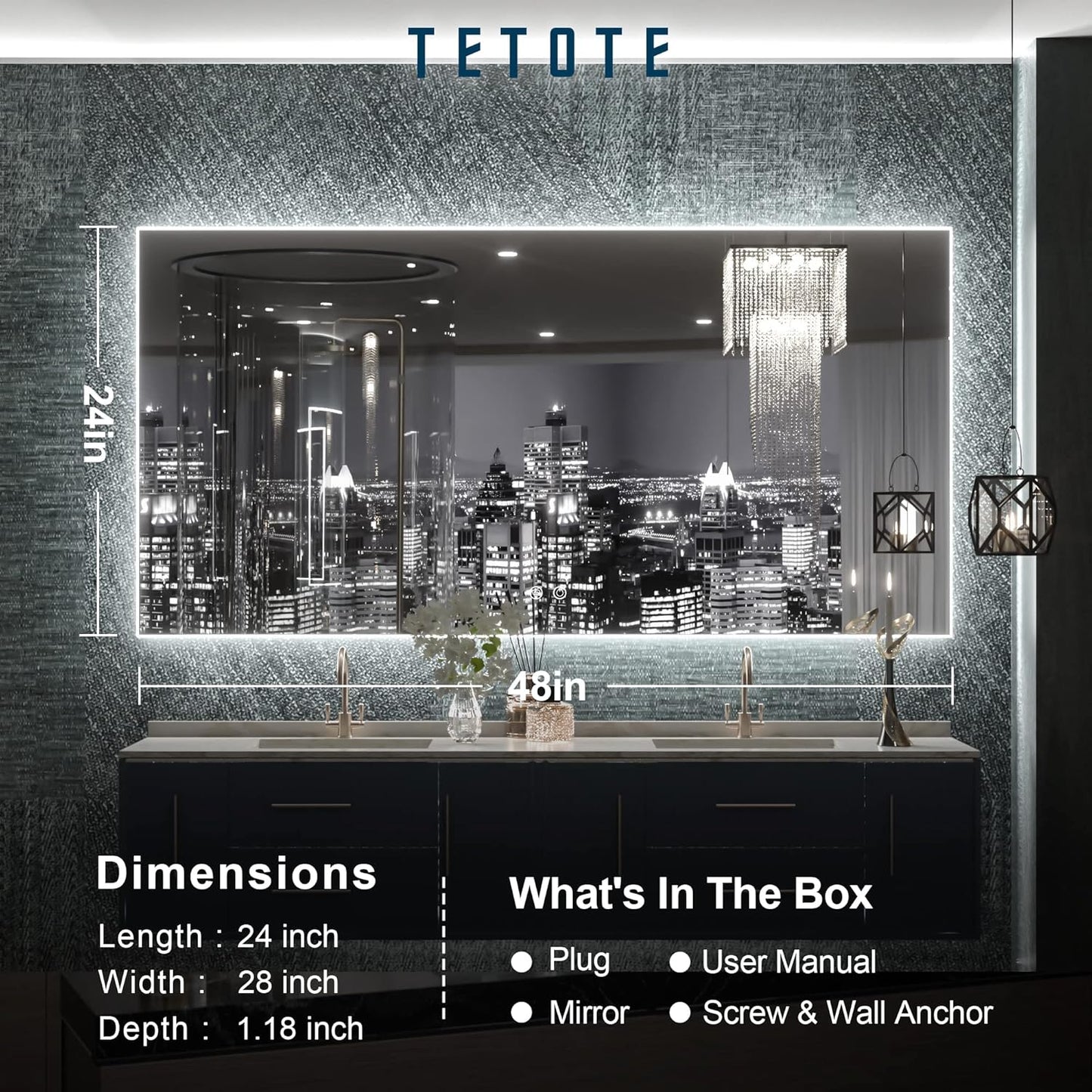 TETOTE 48 x 24 LED Backlit Bathroom Mirror with Light,3Color White/Warm/Natural,Anti-Fog Lighted Mirror,Dimmable,Vanity Mirror,Wall Mounted