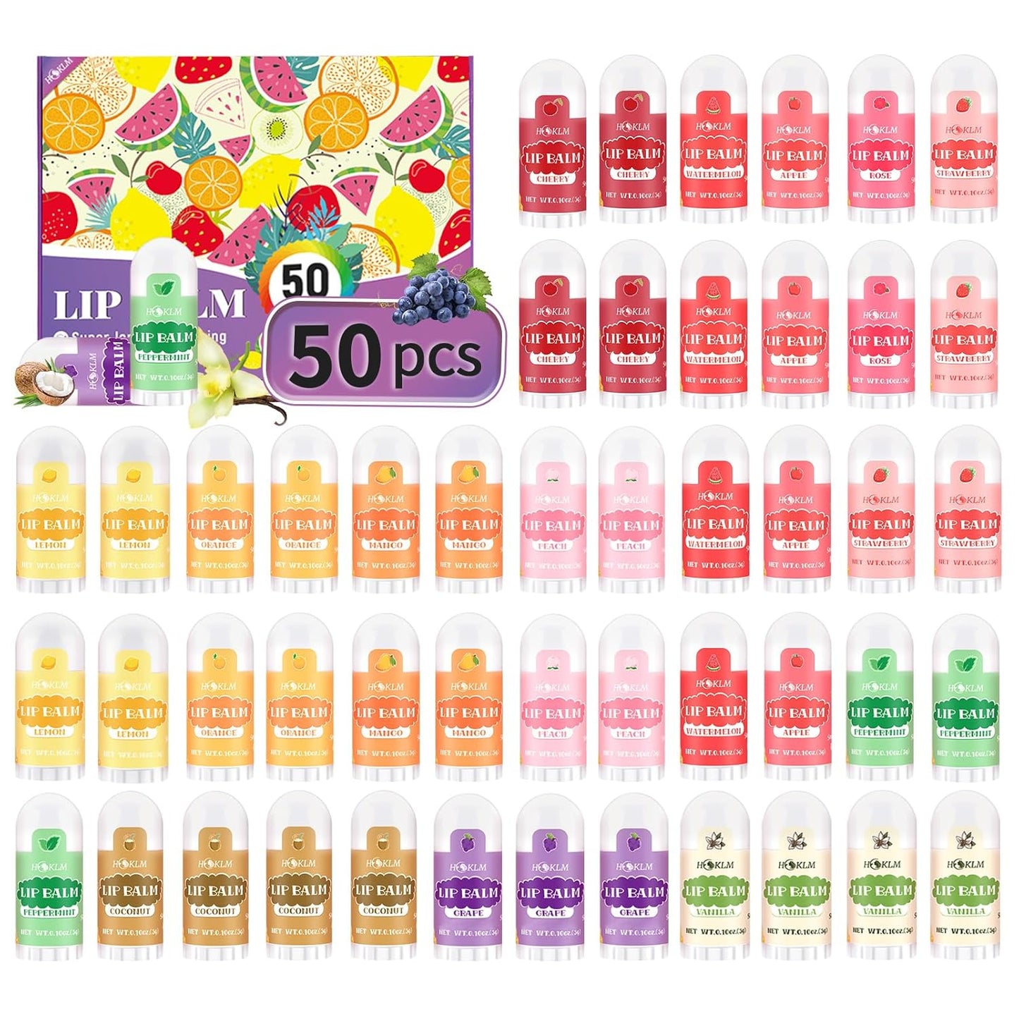 Mini Lip Balm 50 Pack, Natural Lip Balms with Vitamin E and Coconut Oil. Moisturizes for Dry Lips, Perfect for Party Favors, Gift Bags and Small Gifts-13 Flavors
