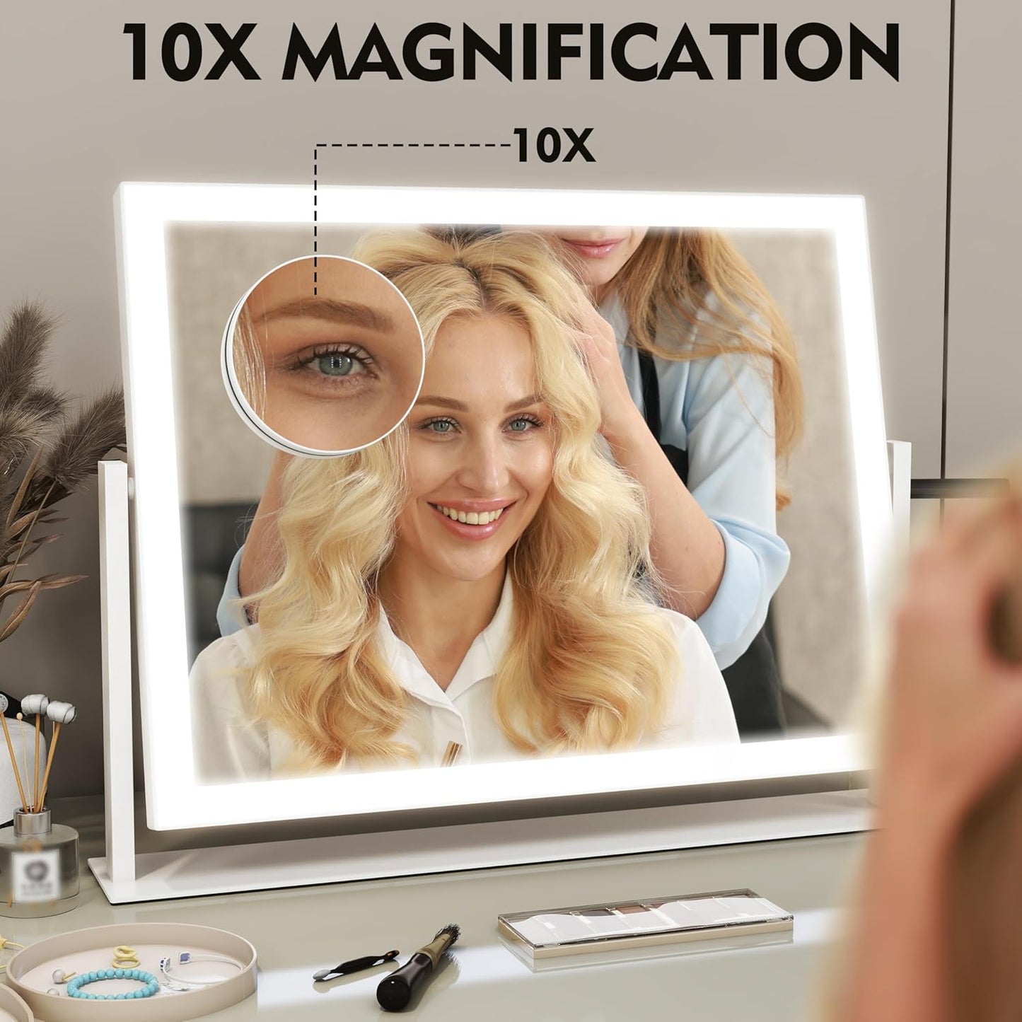 Lighted Makeup Mirror, 16.3"x12.6" Hollywood Vanity Mirror with Lights, 10X Magnification, 3 Color Lighting Modes, Smart Touch Control, 360° Rotation for Bedroom or Tabletop (White)