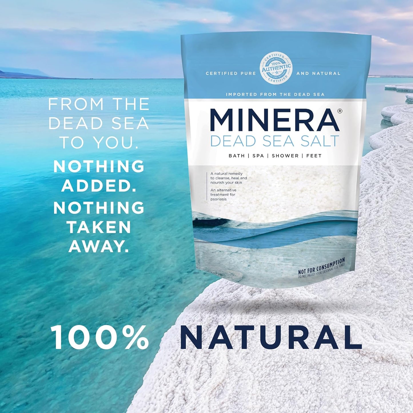 Minera Fine Grain Dead Sea Salt for Bath & Soaking – 2 lbs, Fast-Dissolving, 100% Pure & Natural, Unscented, Skin-Nourishing Sea Salt
