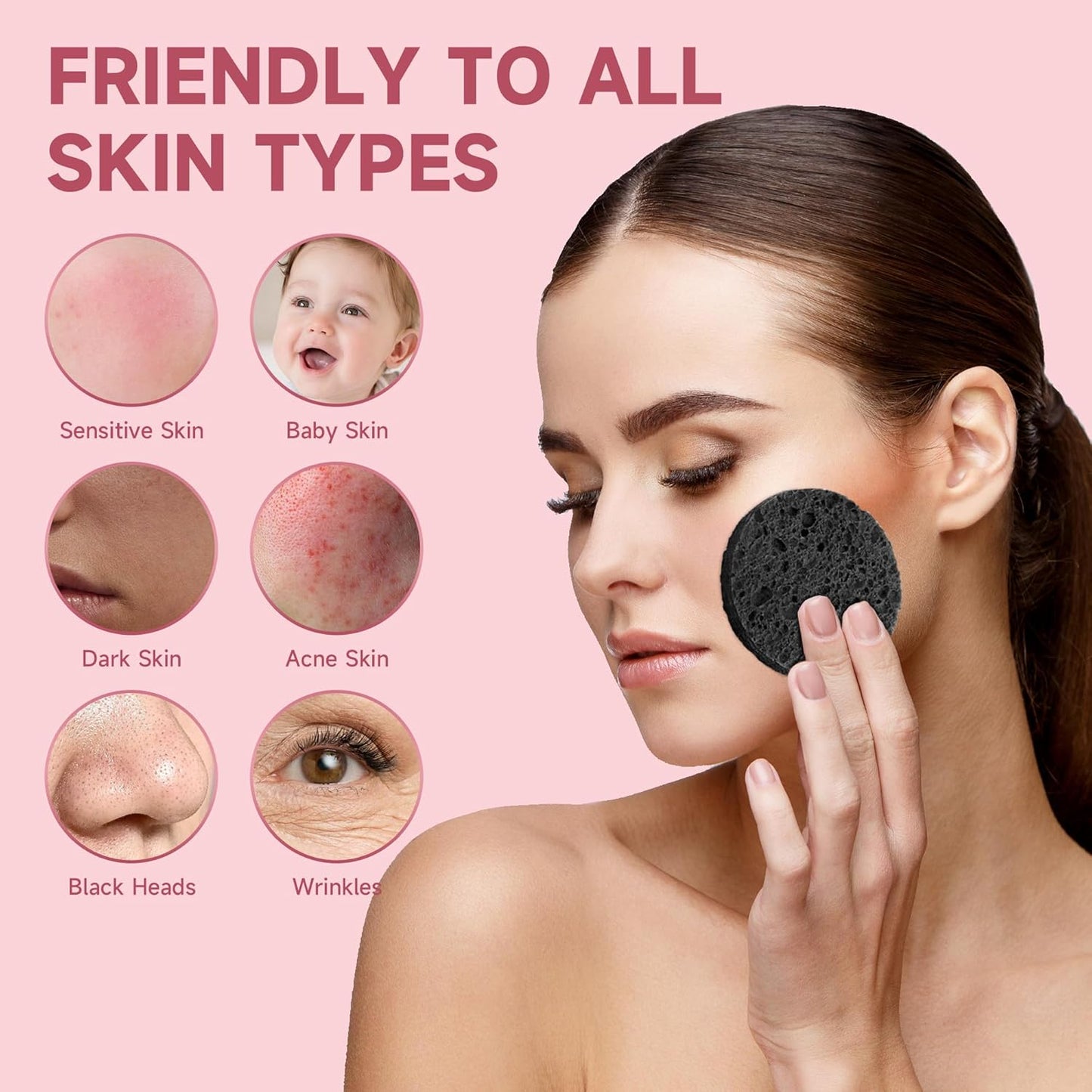 100 Count Compressed Facial Sponges 100% Natural Cellulose Eco-Friendly Makeup Sponges for Gentle Cleansing, Exfoliating & Stubborn Makeup Removal Travel for Women (Round Black)