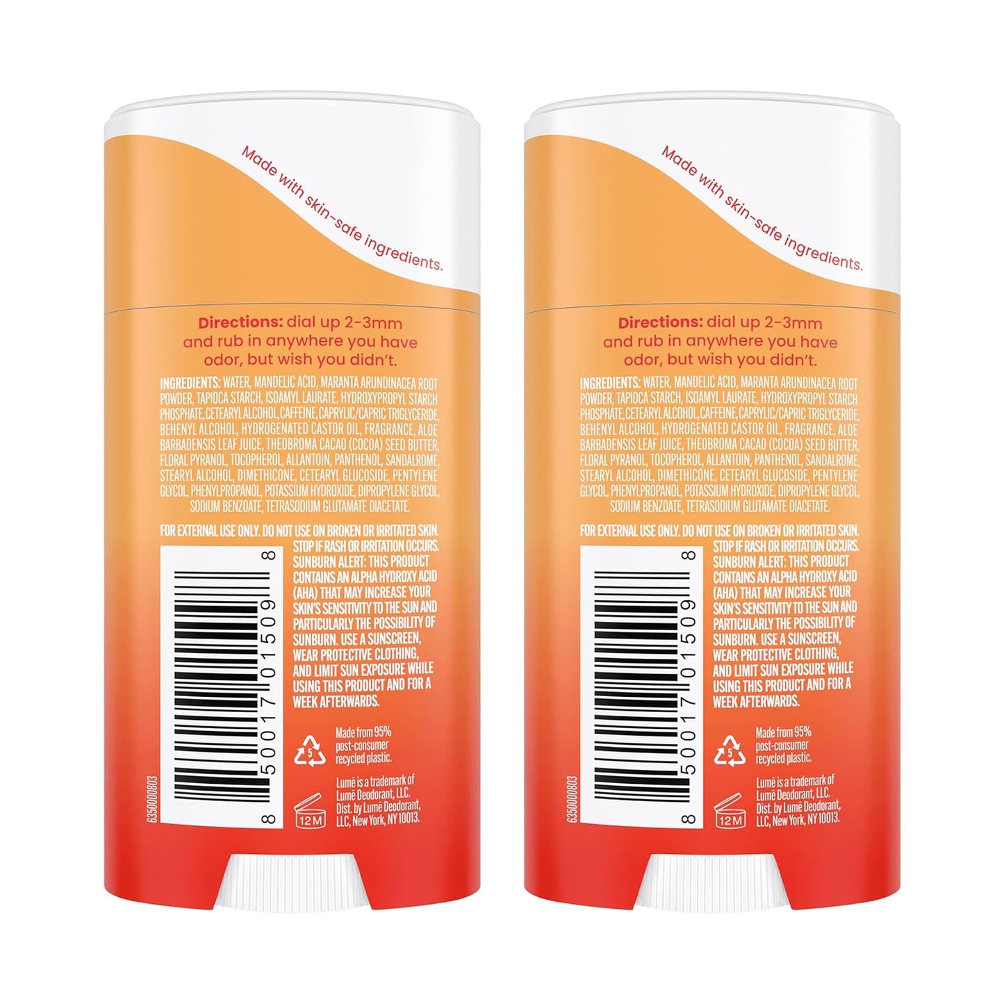 Lume Whole Body Deodorant - Invisible Cream Stick - 72 Hour Odor Control - Aluminum Free, Baking Soda Free, Skin Safe - 2.2 Ounce (Pack of 2) (Clean Tangerine)