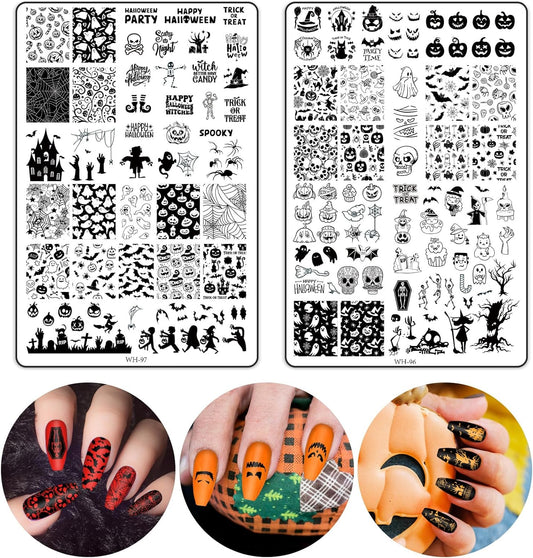 2Pcs Halloween Nail Art Stamping Plate Kit Skull Bat Witch Pumpkin Design Nail Art Plate for Holiday DIY Print Manicure Salon