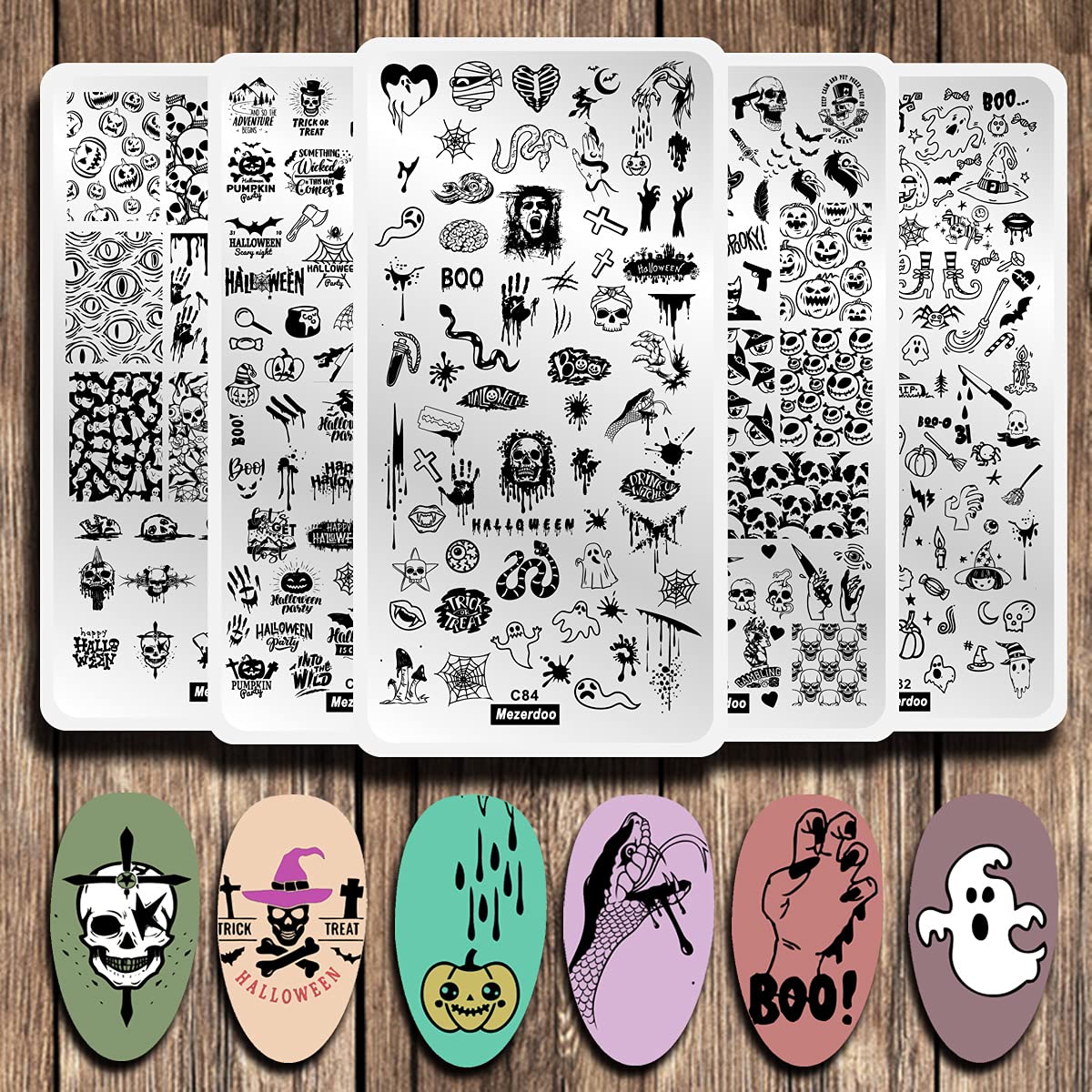 5 Pcs Nail Stamping Plate Halloween Theme Stamp Plates Skull Ghost Witch Pumpkin Image Nail Stamper Plate Art Design Stamp Kit Snake Spider Bat Print Manicure Template Set Festival Stencil Tools