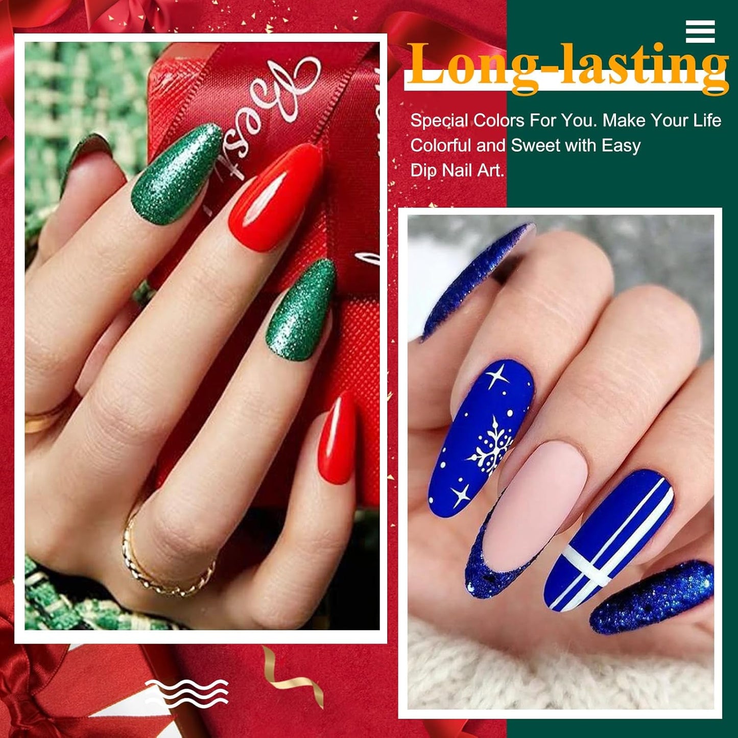 Honey Joy Dip Powder Nail Kit Starter, 4 Colors Christmas Glitter Red Green Blue Dipping Powder Liquid Set with Base Top Coat for Nail Art Manicure Salon DIY, Dip-7pcs-No.15