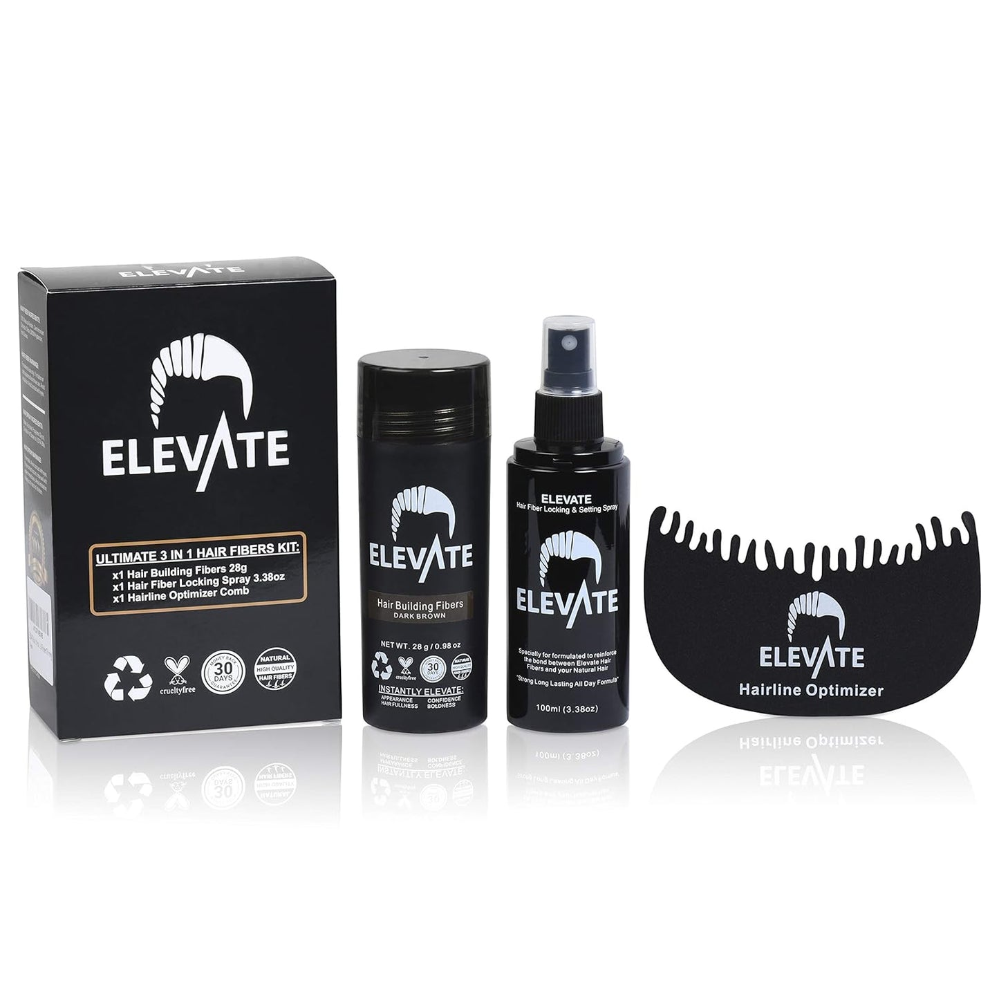Elevate Hair Building Fibers 3-in-1 Kit for Thinning Hair (Dark Brown) Keratin Hair Thickening Powder with Fiber Lock Spray & Hairline Optimizer Comb - Instant Concealer Applicator for Men & Women