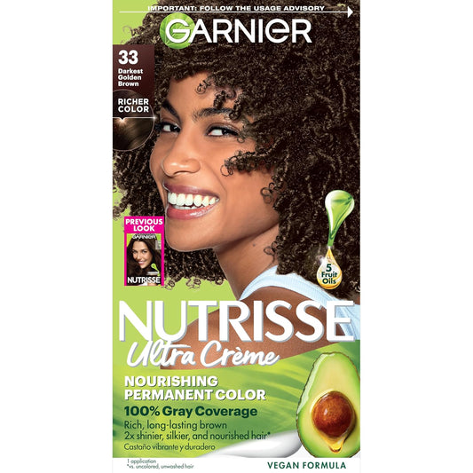 Garnier Hair Color Nutrisse Nourishing Creme, 33 Darkest Golden Brown (Caramel Fudge) Permanent Hair Dye, 1 Count (Packaging May Vary)