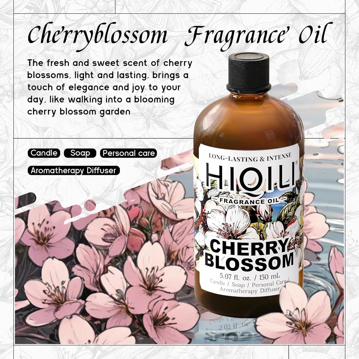 HIQILI Cherry Blossom Fragrance Oil, Floral Perfume Oil, Candle Scents for Candle Making, for Diffuser & Fresh Spray, Long-Lasting Scent - 5.07 Fl Oz