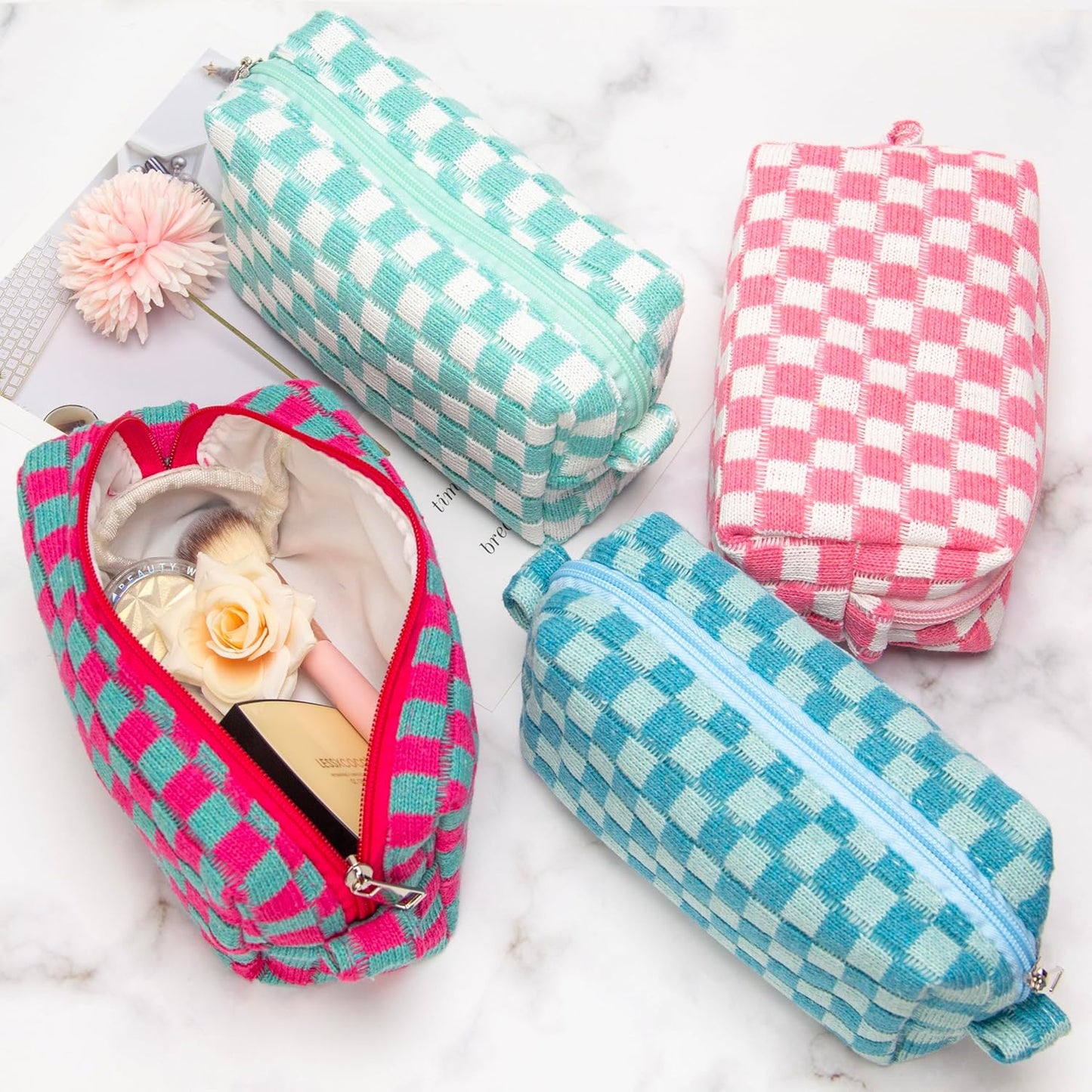 PAZIMIIK Checkered Makeup Bag for Purse Portable Zipper Make Up Pouch Small Cosmetic Case for Travel Accessories (6PCS Mix Color)