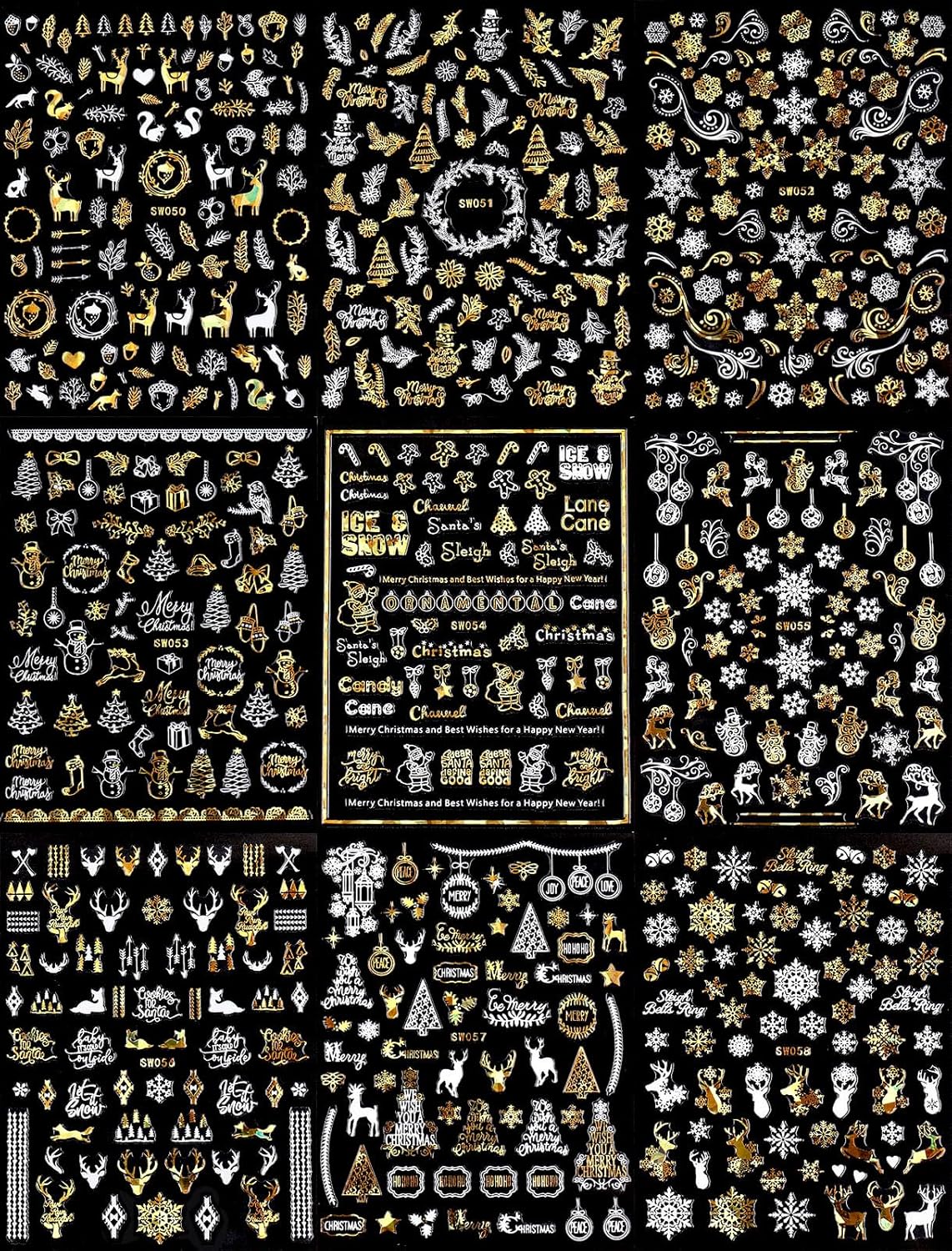 9 Sheets Christmas Nail Art Stickers Decals Self-Adhesive Pegatinas Uñas Gold White Nail Supplies Nail Art Design Decoration Accessories