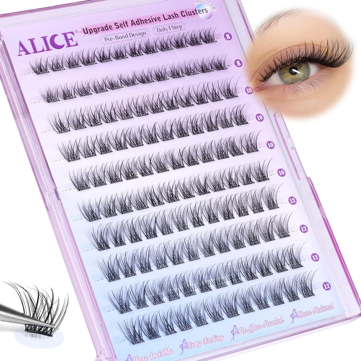 Self Adhesive Eyelashes Reusable Natural Self Adhesive Lash Clusters Wispy Press on Lashes Pre-Glue 8-12mm 120pcs C Curl DIY Eyelash Extensions Kit No Glue Needed by ALICE