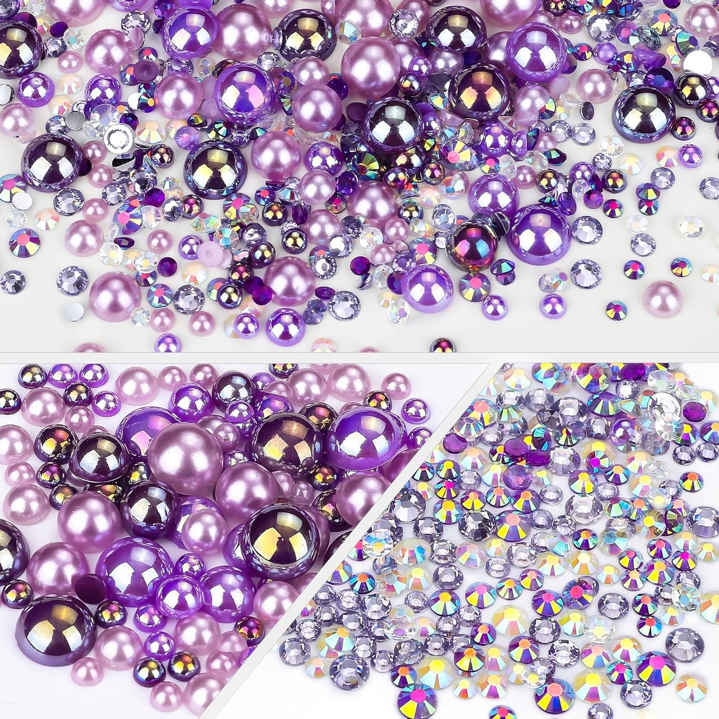 60g Purple AB Flat Back Pearls Rhinestones for Crafts Mixed Size 3mm-10mm AB Color Round Half Pearls Flatback Pearl Beads and Resin Rhinestones Set for Face Art