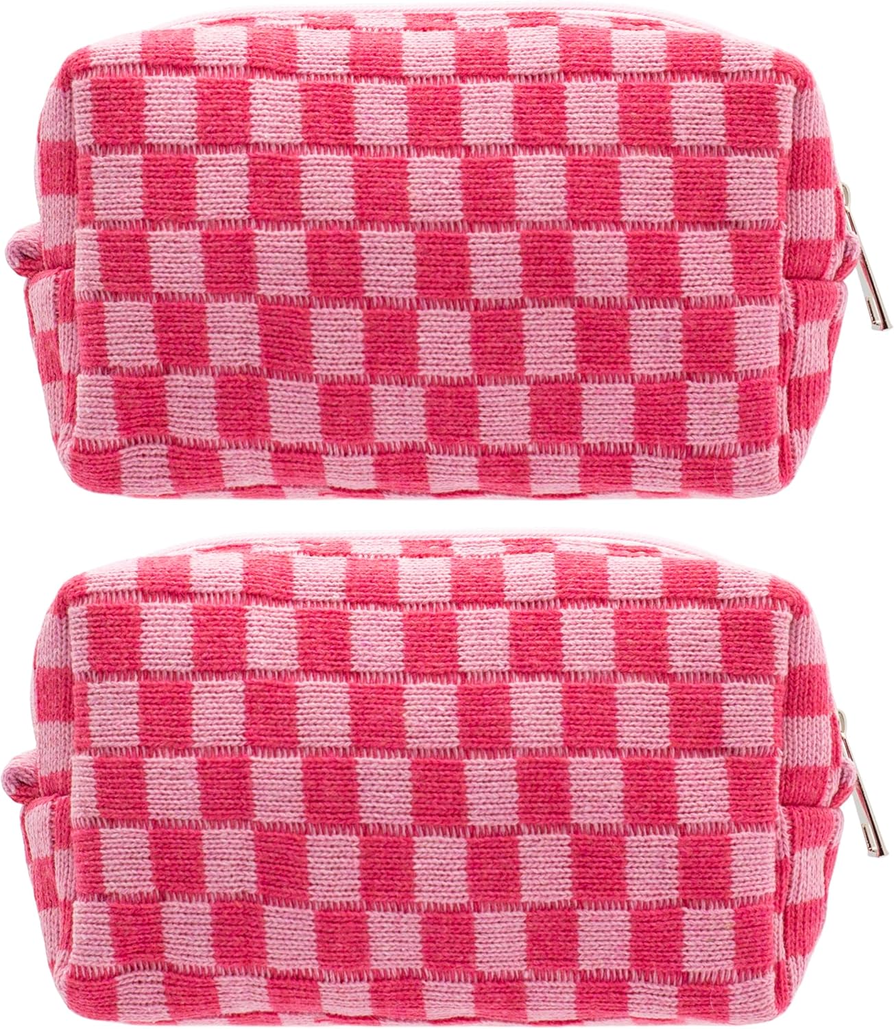 PAZIMIIK Checkered Makeup Bag for Purse Portable Zipper Make Up Pouch Small Cosmetic Case for Travel Accessories (2PCS Hotpink)