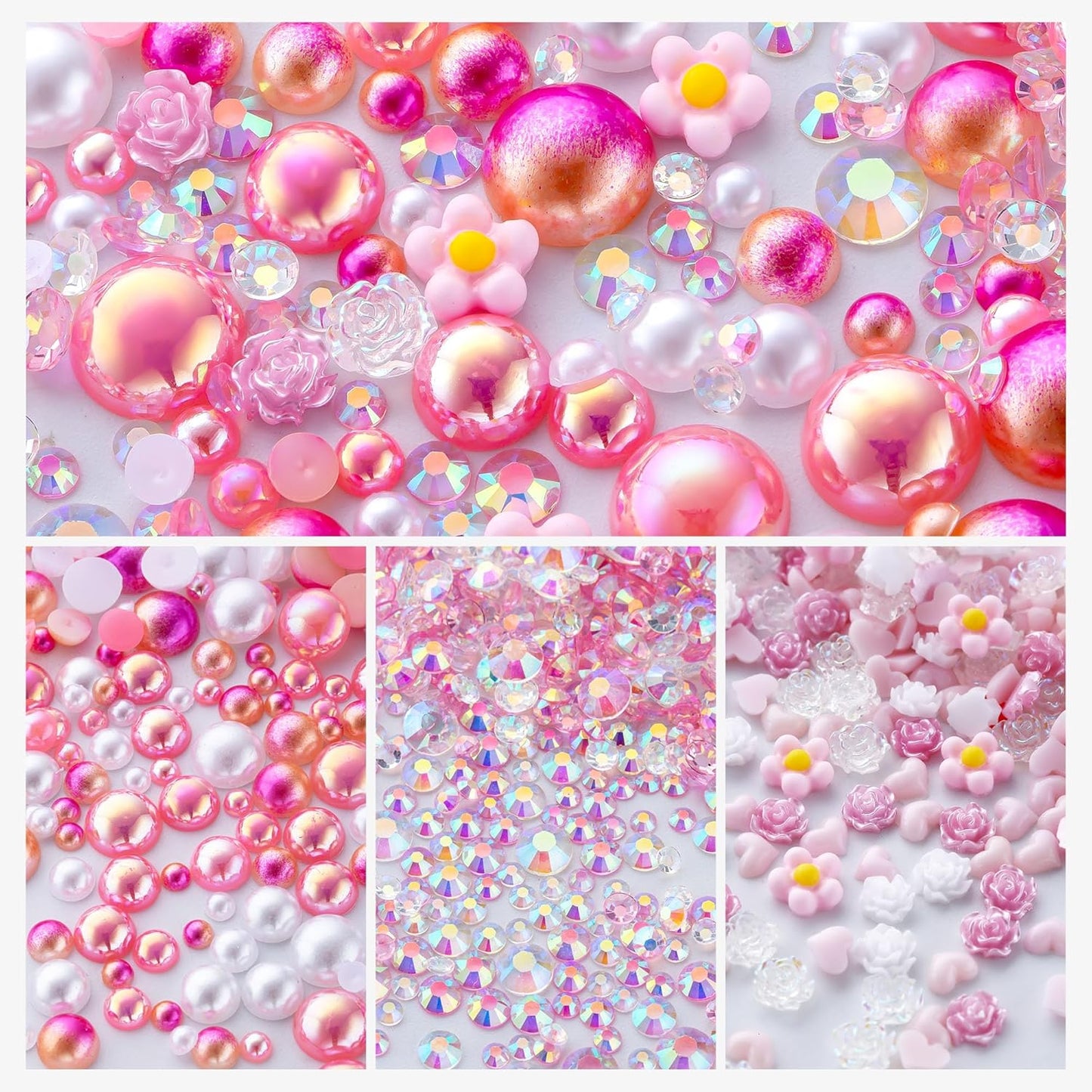 160g Pink Flat Back Pearls Rhinestones for Crafts Mixed Size 3mm-10mm AB Color Round Half Pearls Flatback Pearl Beads and Resin Rhinestones Set for Face Art