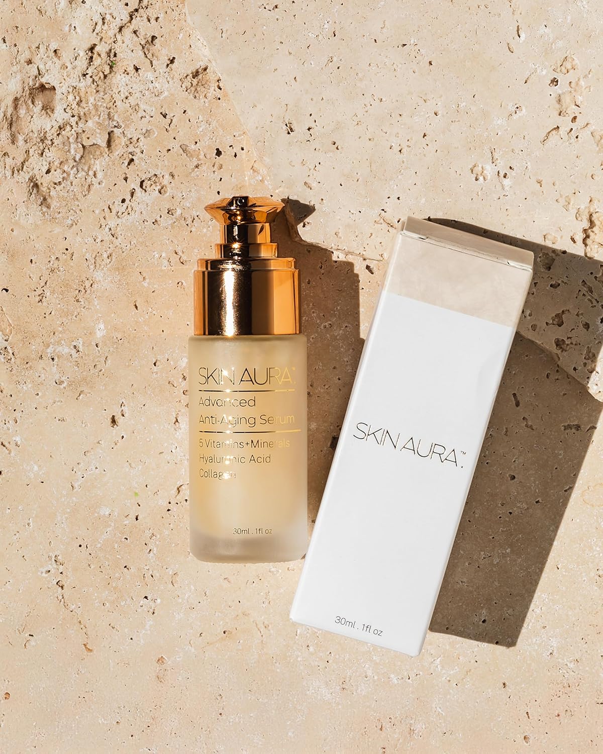 SKIN AURA Advanced Anti-Aging Serum - All-In-One Plant Derivative Formula Improves Wrinkles, Fine Lines & Age Spots with 5 Vitamins + Minerals, Hyaluronic Acid & Collagen Peptides - 30ml (1oz)