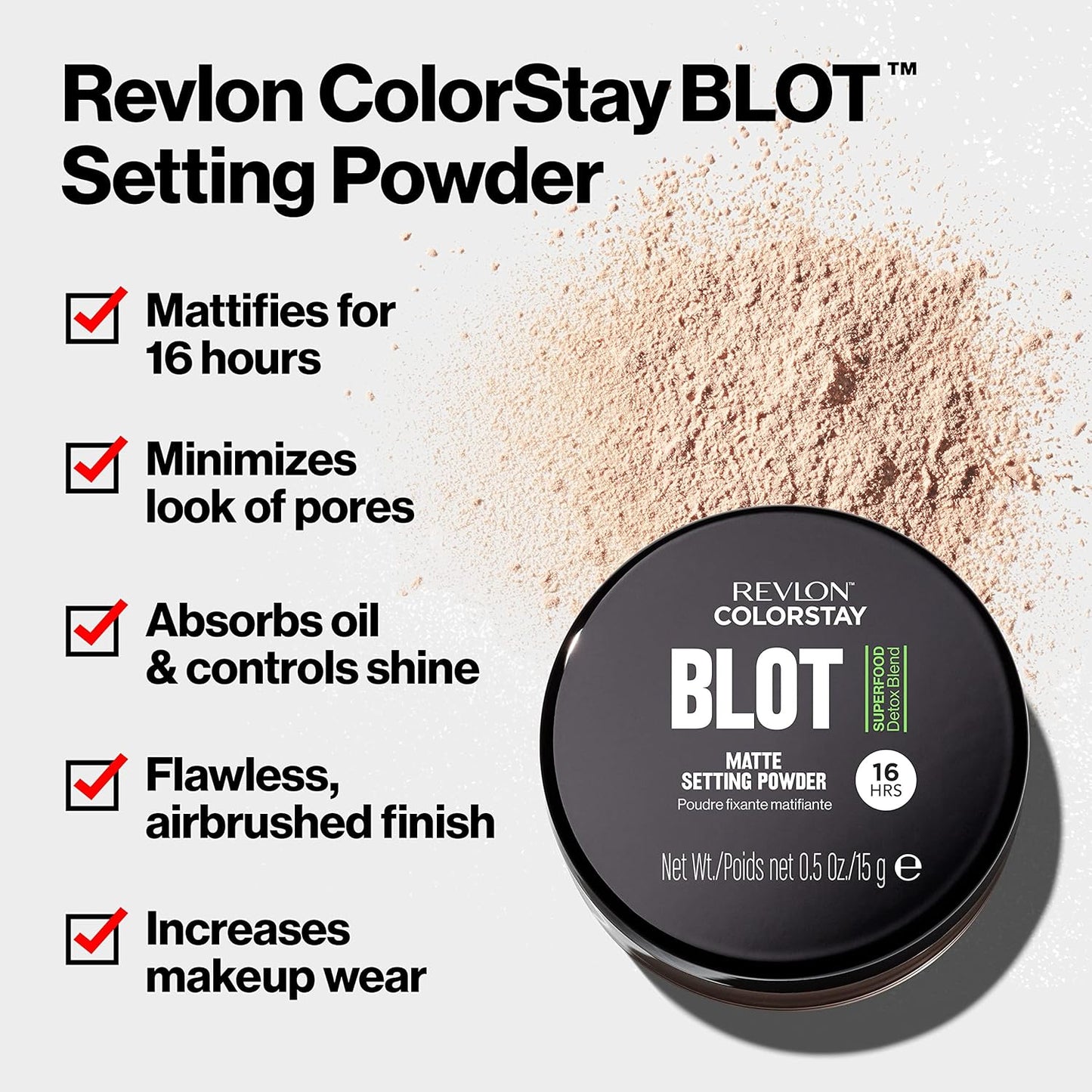 Revlon ColorStay Blot Face Makeup Setting Powder, Mattifying, Blurring & Oil Absorbing, Absorbs Sebum, Blurs Imperfections and Reduces Pore Appearance, 0.5 Oz