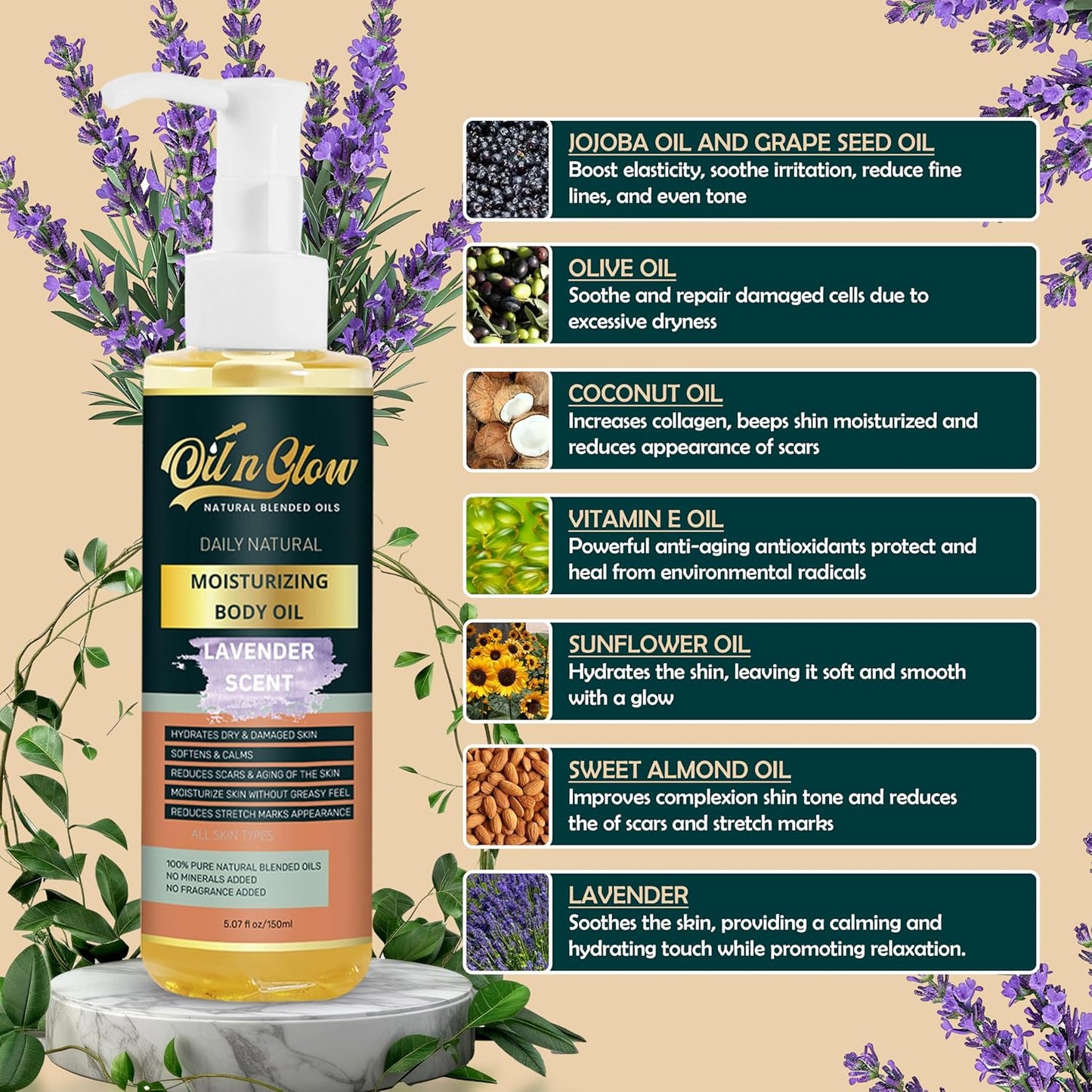 USDA Certified Organic Pure Natural Hydrating Body Oil After Shower With Coconut, Jojoba, Olive & Almond Non-Greasy Moisturizing Oil For Women & Men Dry Skin 5.07 fl oz/150ml- Lavender Scent