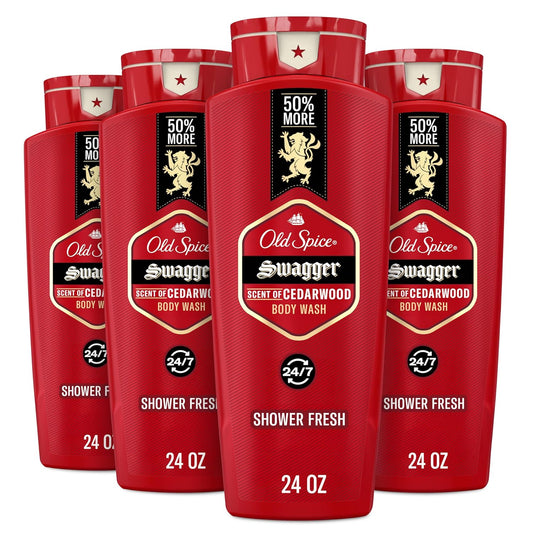 Old Spice Refreshing Body Wash for Men, 3X Defense, 24/7 Shower Fresh with Long Lasting Scent, Red Collection, Swagger with Cedarwood Scent, 24 oz (Pack of 4)