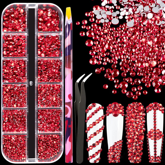 6 Sizes Red Glass Crystal Kit with Pickup Pen + Tweezer Tools for Shine Nail Art Manicure Makeup DIY Decoration Flatback Round Rhinestone Gem Jewelry Diamond
