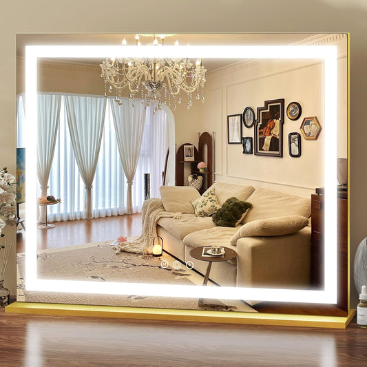 Gold Vanity Mirror with Lights 23x18 Inch, 3-Color Dimmable LED & Touch Control - Large Makeup Mirror for Dressing Room (Wall/Tabletop Mount)