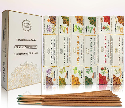 Raajsee Natural Incense Sticks,6 Pack Mixed Scents Gift Pack 15 gm Each (90 gm Total), Insense Sticks Variety Pack, 100% Organic Non Toxic Natural - Hand Rolled Free from Chemicals