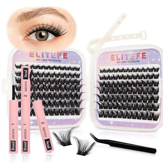 Lash Extension Kit DIY Lash Clusters Kit Eyelash Extensions Individual Lashes Extensions with (BondSeal,Tweezers,168Pcs,SparkleDress,0.07D,8-18)