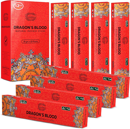 Raajsee Dragons Blood Incense Sticks (180 gm), 100% Pure Organic Natural Hand Rolled Free from Chemicals, (Pack of 12)