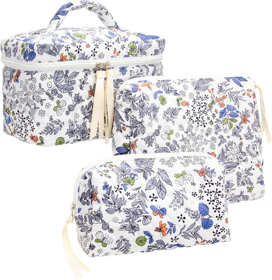 PAZIMIIK 3PCS Makeup Bag SET Large Travel Quilted Zipper Soft Cosmetic Case Pouch for Women Girls Make Up,Leaf White