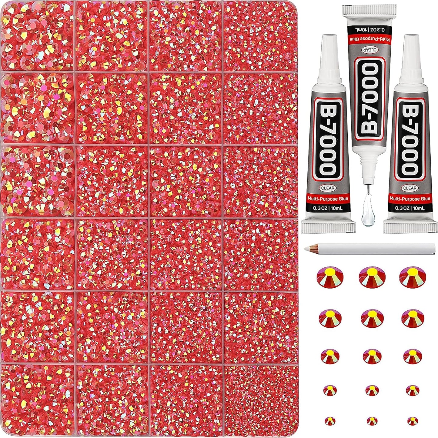 30000Pcs Resin Jelly Rhinestones Set for Crafting Bedazzling, Red ab Flatback Gems Jewels for Crafts Clothes Shoes Fabric Outfit Nails Makeup, Flat Back Crystal 2-6mm with b 7000 Glue
