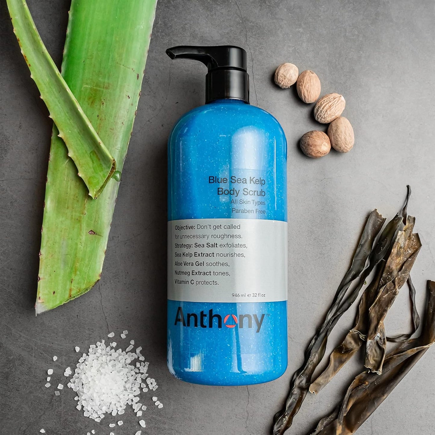 Anthony Exfoliating Body Scrub, Sea Salt, Vitamin C & Aloe Vera, Deep Cleans, Smooths Rough Patches, Soothes & Protects Skin, Hydrating Blue Sea Kelp Body Wash, 32 Fl Oz
