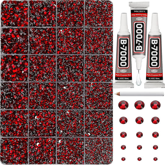 30000Pcs Resin Rhinestones Set for Crafting Bedazzling, Maroon Dark Red Burgundy Flatback Gems Jewels for Crafts Clothes Shoes Fabric Outfit Nails Makeup, Flat Back Crystal 2-6mm with b 7000 Glue