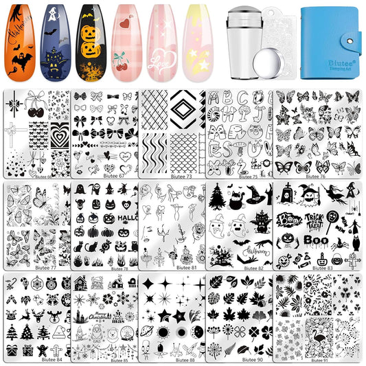 Biutee Nail Stamping Plate 15PCS Nail Stamper Kit Nail Art Stamping Plates Set with Nail Stamper, Scraper & Storage Bag, Nail Stamping Kit Star Bowknot Love Butterfly Leaf Halloween Design Template