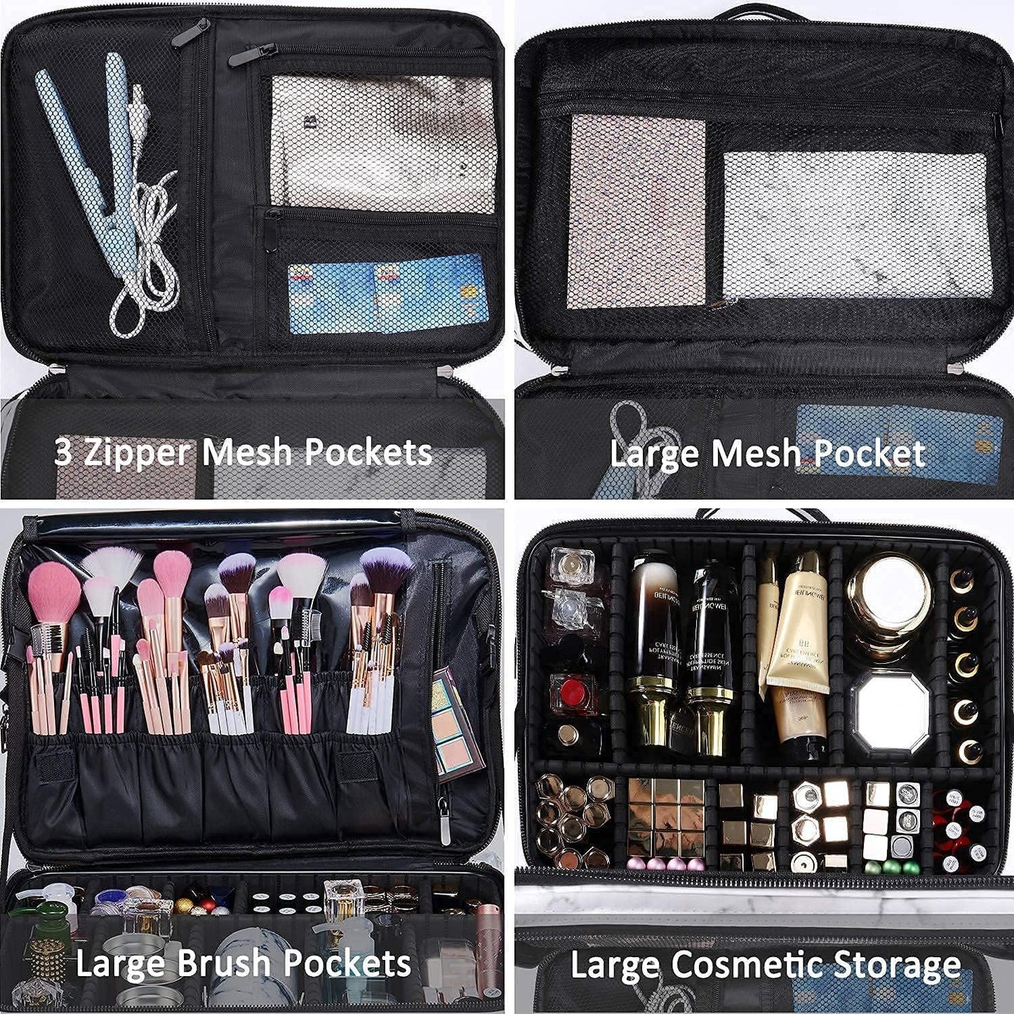 JOURMON Travel Makeup Case Portable Makeup Train Case Organizer Cosmetic Bag with Adjustable Dividers and Shoulder Strap for Makeup Brushes Toiletry Travel Accessories(Marble White Black, L)