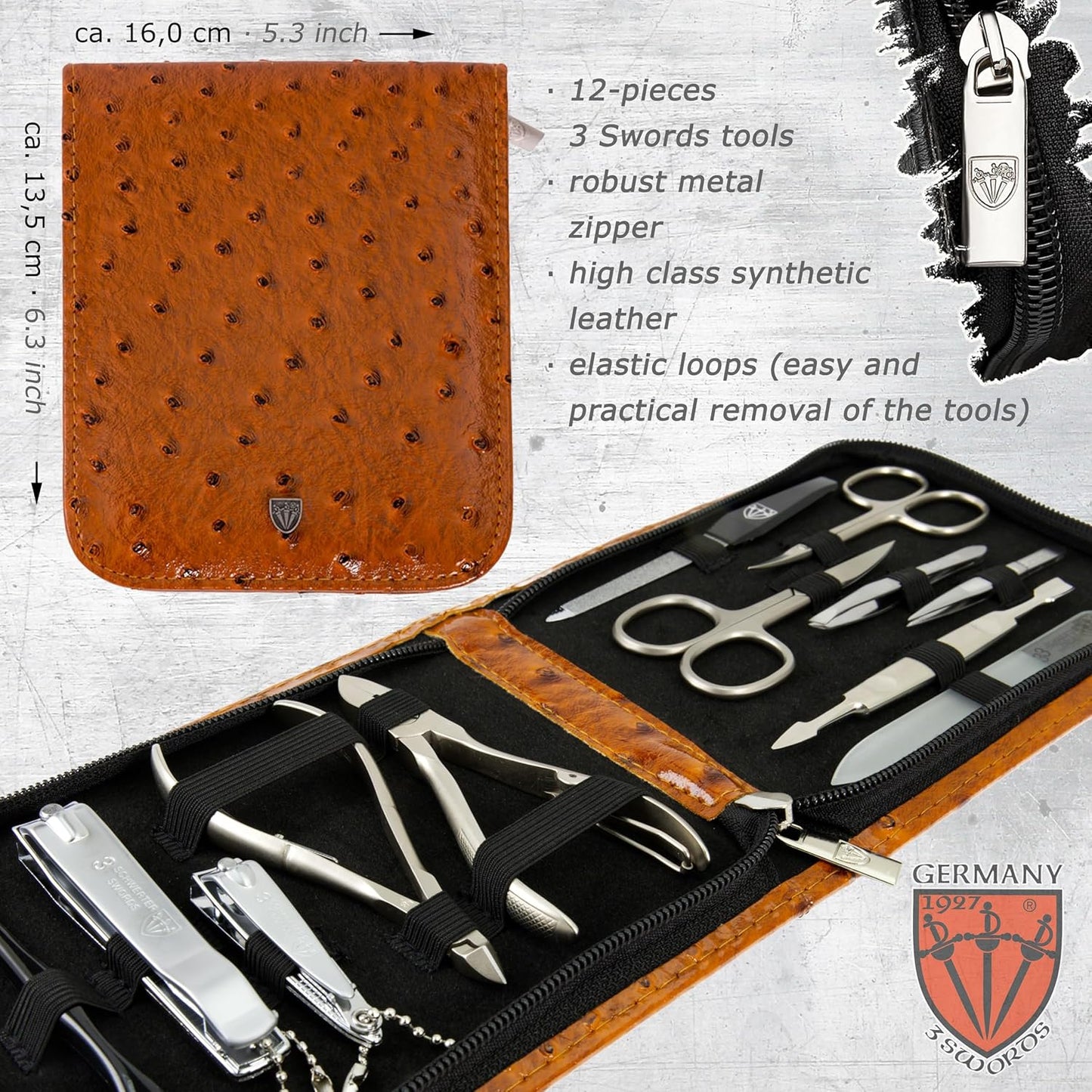 3 Swords Germany - brand quality 12 piece manicure pedicure grooming kit set for professional finger & toe nail care with cognac synthetic leather case - Made in Germany